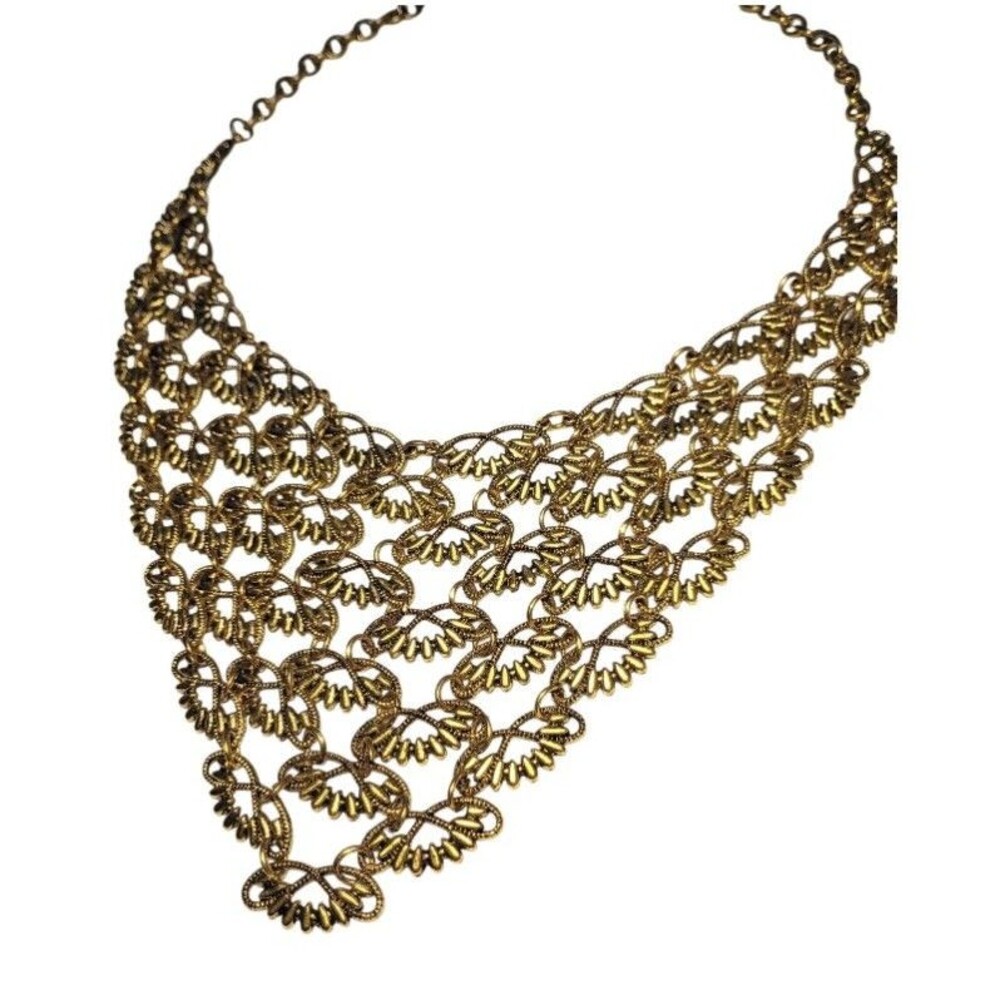 Vintage Statement Antiqued Gold Tone Chain Link Waterfall Bib Floral Necklace